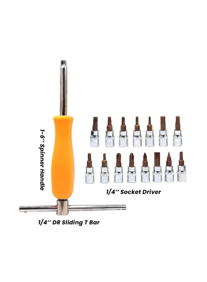 QUALITY 1/4" Drive High-End Socket Bit Set – 17-Piece Kit with Sliding T-Bar & Spinner Handle – CR-V Steel, Mixed Screwdriver Bit Sockets for DIY, Home, Bike & Auto Repair - 880 - Image 1