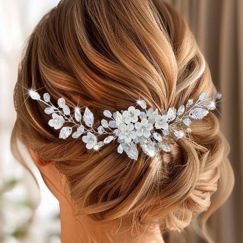 Unicra Flower Bride Wedding Hair Comb Silver Crystal Hair Accessories Rhinestone Bridal Headpiece for Women and Bridesmaid