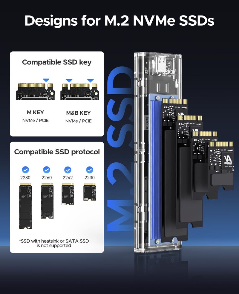 ORICO M.2 NVME Enclosure Adapter, USB 3.2 Gen 2 (10 Gbps), Transparent External Solid State Drive Adapter Enclosure for 2280 2260 2242 2230 PCI-E M2 M-Key SSD, USB Type C Converter Case (TCM2-Blue) - Image 3