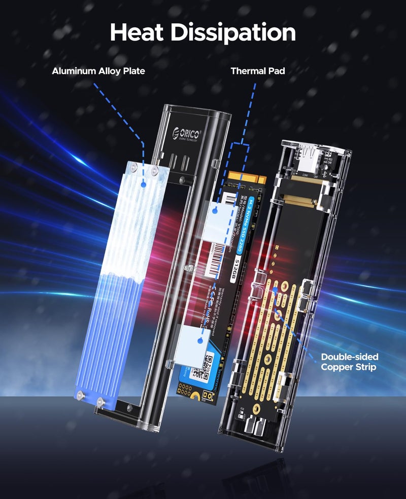 ORICO M.2 NVME Enclosure Adapter, USB 3.2 Gen 2 (10 Gbps), Transparent External Solid State Drive Adapter Enclosure for 2280 2260 2242 2230 PCI-E M2 M-Key SSD, USB Type C Converter Case (TCM2-Blue) - Image 4