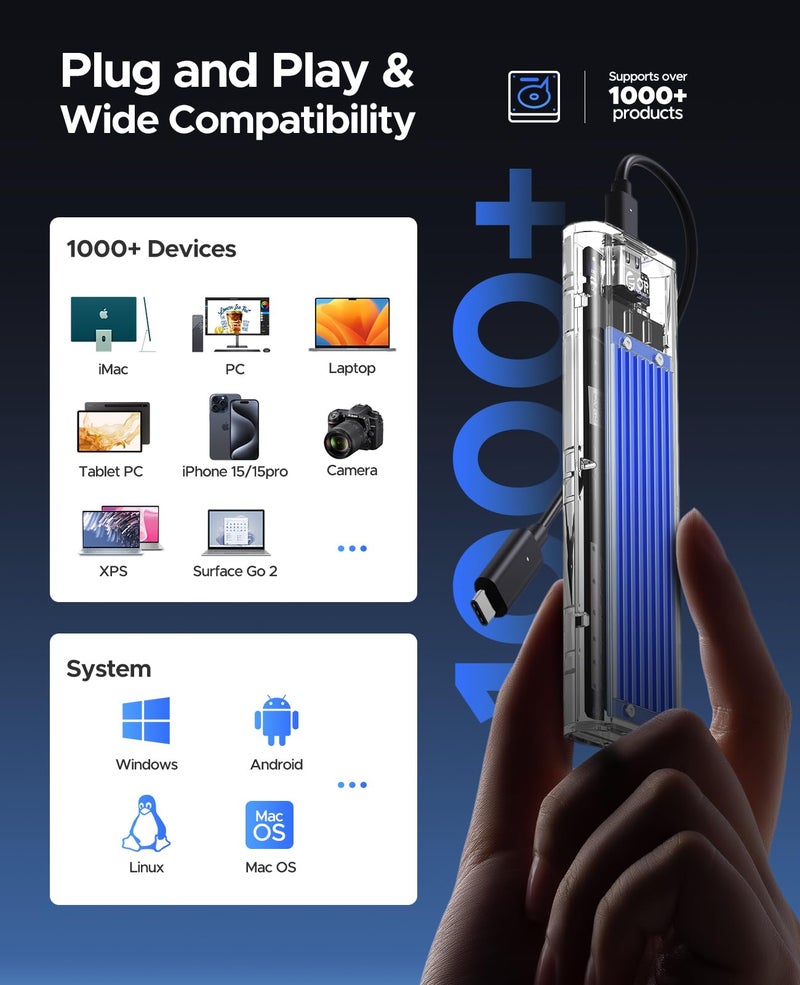 ORICO M.2 NVME Enclosure Adapter, USB 3.2 Gen 2 (10 Gbps), Transparent External Solid State Drive Adapter Enclosure for 2280 2260 2242 2230 PCI-E M2 M-Key SSD, USB Type C Converter Case (TCM2-Blue) - Image 5