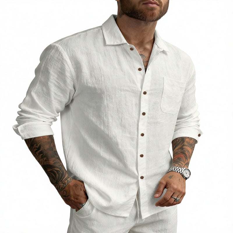 Men's Hawaiian Linen Long Sleeve Casual Shirt with Turn-Down Collar - Image 1