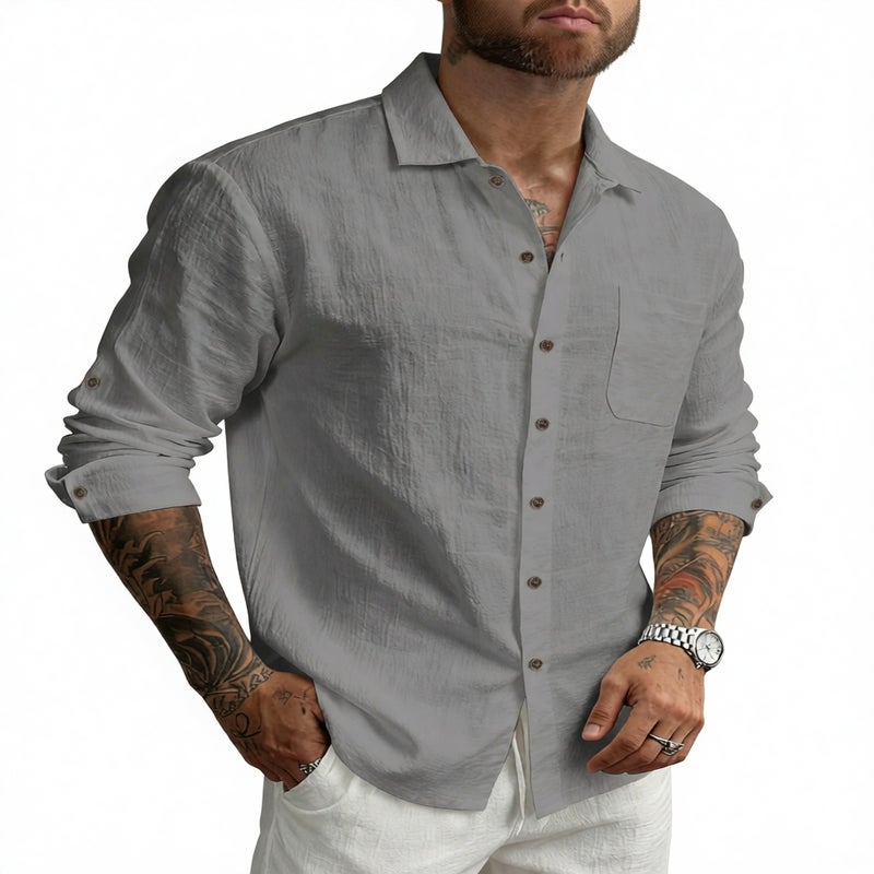 Men's Hawaiian Linen Long Sleeve Casual Shirt with Turn-Down Collar - Image 4