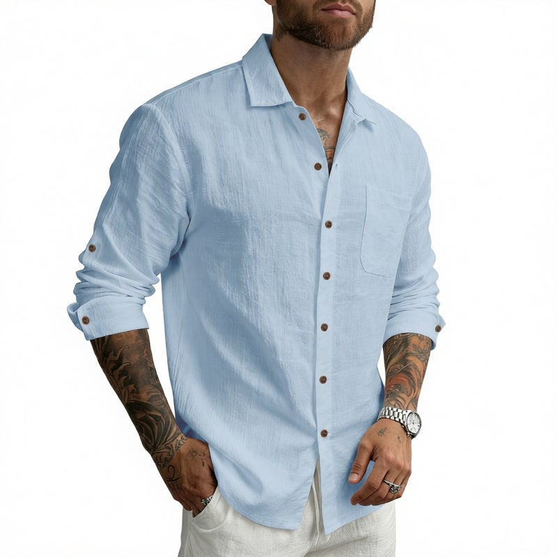 Men's Hawaiian Linen Long Sleeve Casual Shirt with Turn-Down Collar - Image 3