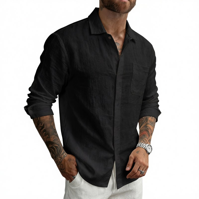 Men's Hawaiian Linen Long Sleeve Casual Shirt with Turn-Down Collar - Image 2