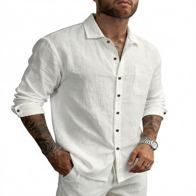 Men's Hawaiian Linen Long Sleeve Casual Shirt with Turn-Down Collar - Image 5