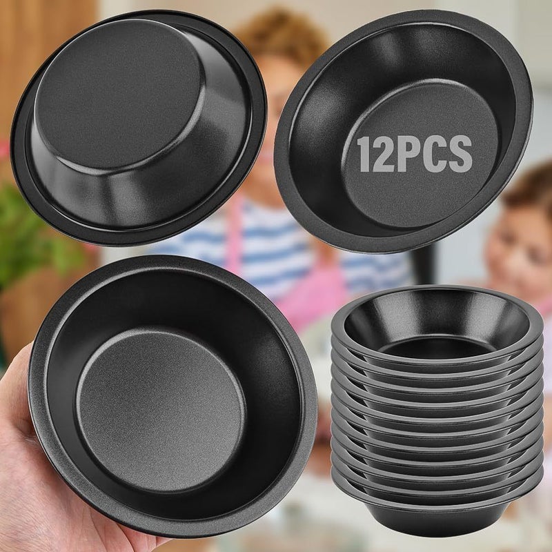 12 Pack 5 Inch Nonstick Carbon Steel Mini Pie Pans Reusable Round Baking Tins For Individual Desserts Birthday Parties Oven Safe Black Pie Plate - Image 1
