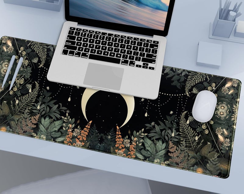 DCJJM Cute Green Forest Leaves Desk Mat Whimsical Moon Mousepad XL Large Extended Gaming Mouse Pad with Stitched Edges, Computer Laptop Keyboard Mouse Mat Desk Pad 31.5x11.8 in Non-Slip Rubber Base - Image 3