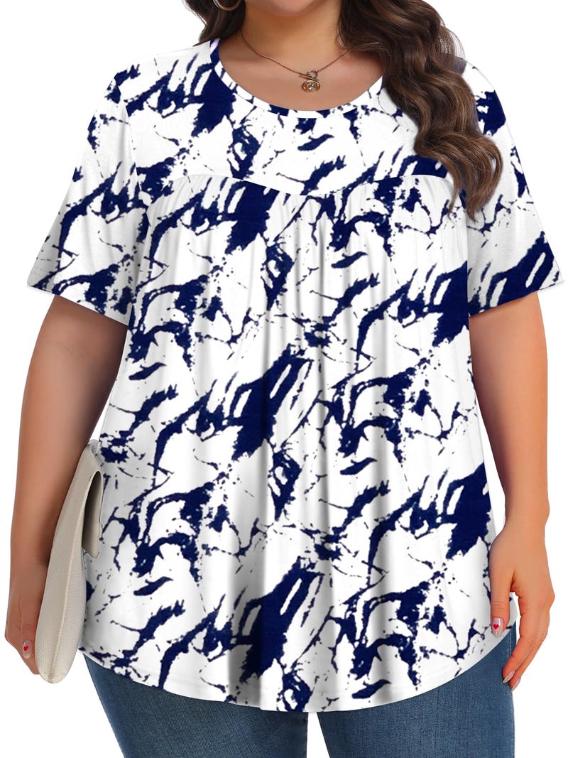Tencede Womens Plus Size Tops Tunic Short Sleeve Crew Neck Shirts Casual Soft Blouse Blue Tie-dye 3X - Image 3