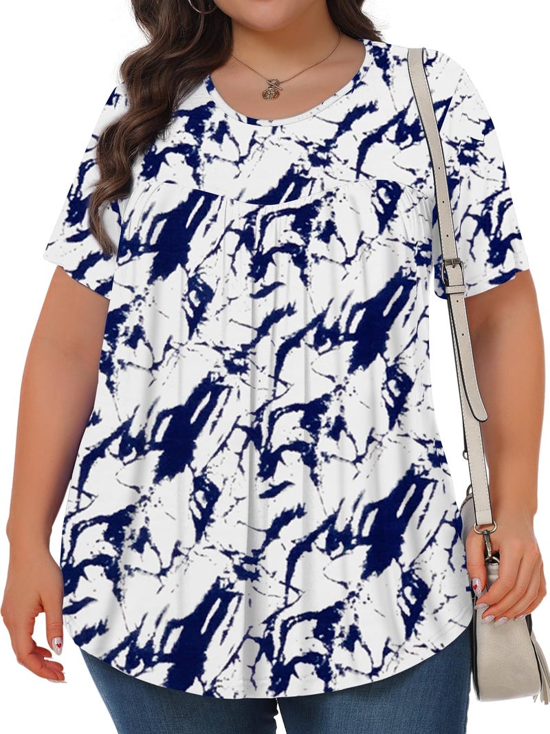 Tencede Womens Plus Size Tops Tunic Short Sleeve Crew Neck Shirts Casual Soft Blouse Blue Tie-dye 3X - Image 2