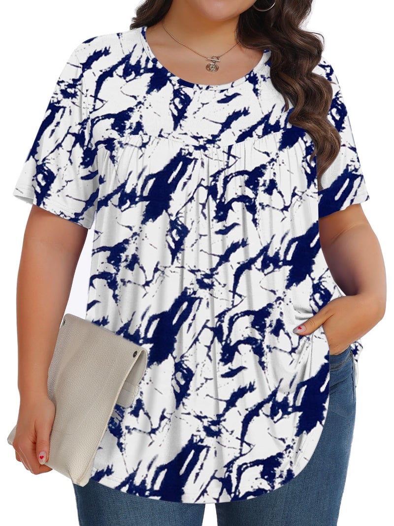 Tencede Womens Plus Size Tops Tunic Short Sleeve Crew Neck Shirts Casual Soft Blouse Blue Tie-dye 3X - Image 1