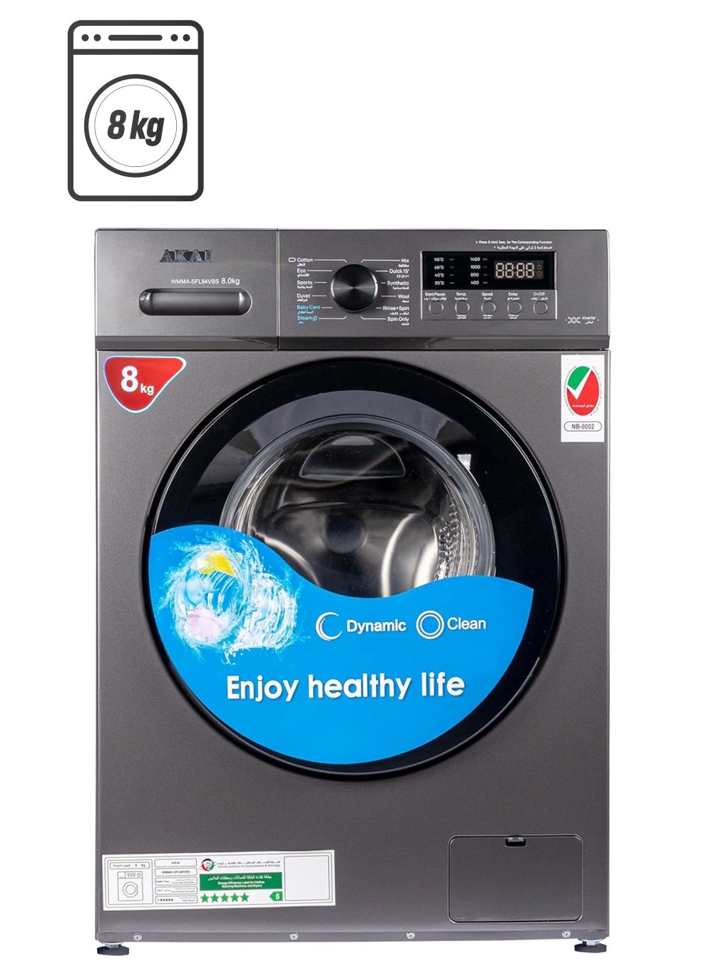 8 Kg Front Loader Washing Machine with Inverter Technology Huge Drum Variable 1400 Spin Speed RPM Digital Display Quick Wash Steam 8 kg 1750 W WMMA-SFL84VBS Tim Grey