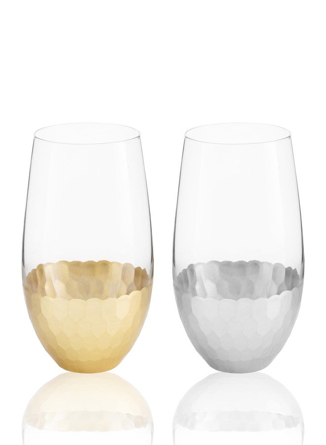 Burns Glass كأس نبيذ بدون ساق من بيرنز جلاس، بتصميم فضي وذهبي مطروق، أكواب نبيذ لهدايا البار المنزلي، 18 أونصة (مجموعة من 2) - Image 1