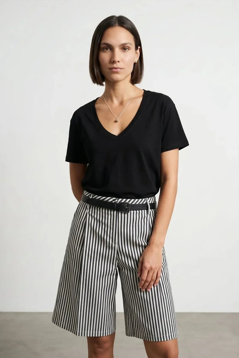 Dilvin Black DILVIN Cotton Tencel V-Neck Short-Sleeve Blouse for Women | Best Price UAE