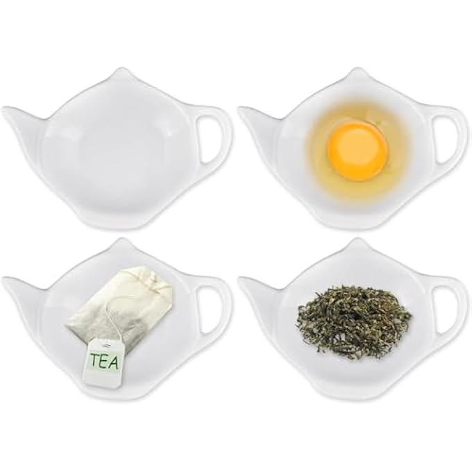 ذا وايت شوب 4 قطع حامل أكياس شاي على شكل إبريق شاي، قاعدة أكواب أكياس شاي، طبق توابل للصلصة، أطباق الحلوى، أطباق المقبلات، طبق تقديم، وعاء، وعاء من السيراميك الأبيض - Image 1