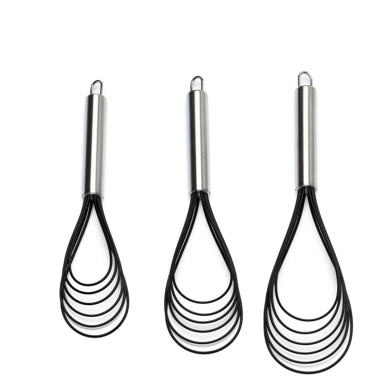 Jell-Cell Flat Whisk SetStainless Steel 3 Pack 101112 Premium Sturdy6 Silicone Heads Non Stick Wires Whisk for Blending Beating Stirring Kitchen Cooking by JellCell Black 