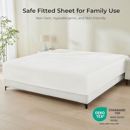 GOKOTTA Fitted Sheet Only - 16 Inch Pocket Bamboo Rayon Fitted Sheet, Super Soft and Cooling Bottom Sheet with 4 Elastic Corner Straps(Cream White, King Size) - Image 4