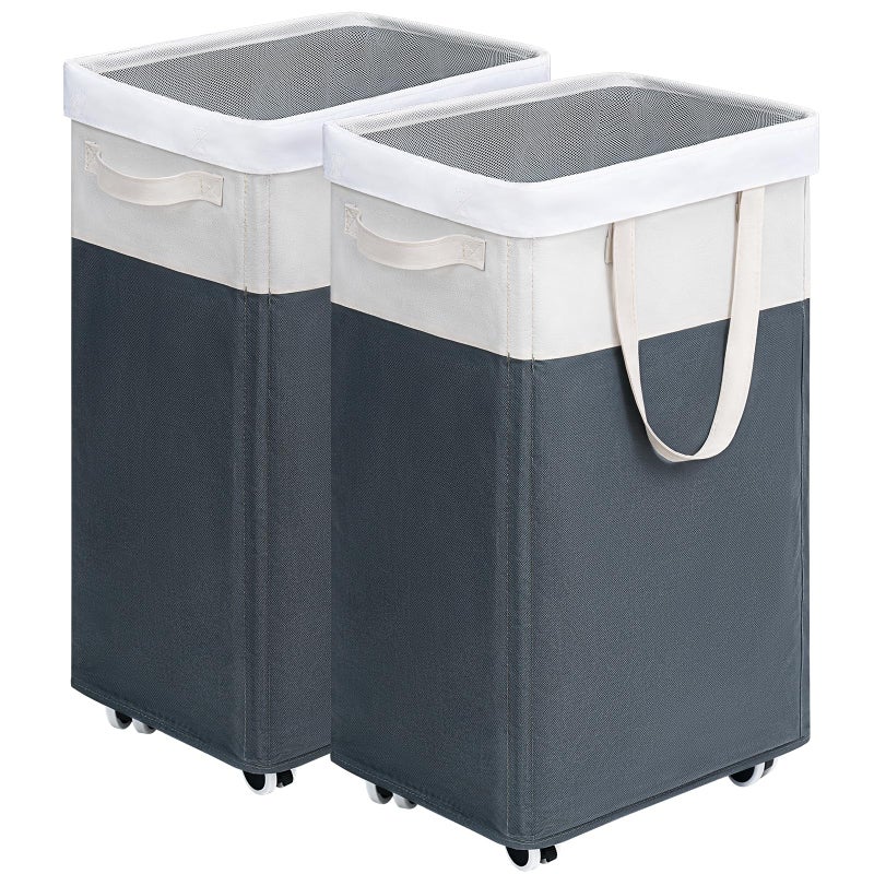 Goodpick Laundry Baskets 2Pack 75L Hamper with Wheels Foldable Laundry Baskets with Removable Wash Bags Rolling Laundry Hamper for Corner Dorm Slim Laundry Basket GreyWhite