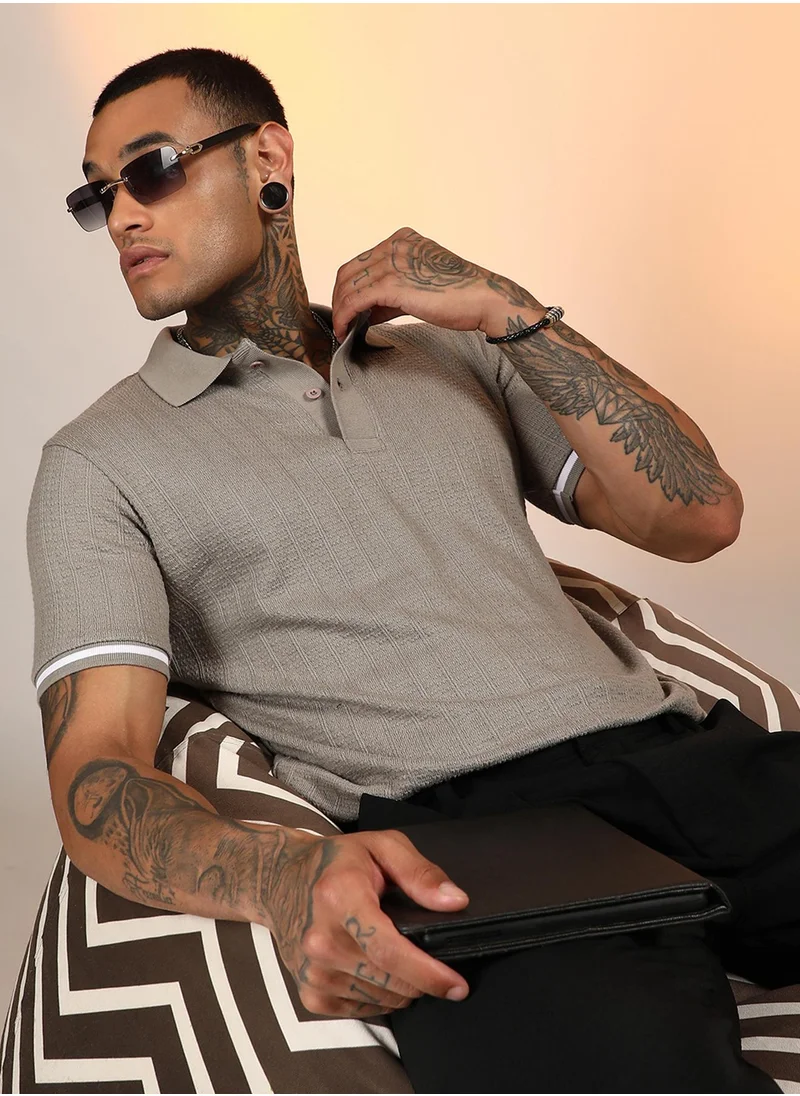 Campus Sutra Men's Cloud Grey Textured Polo T-Shirt