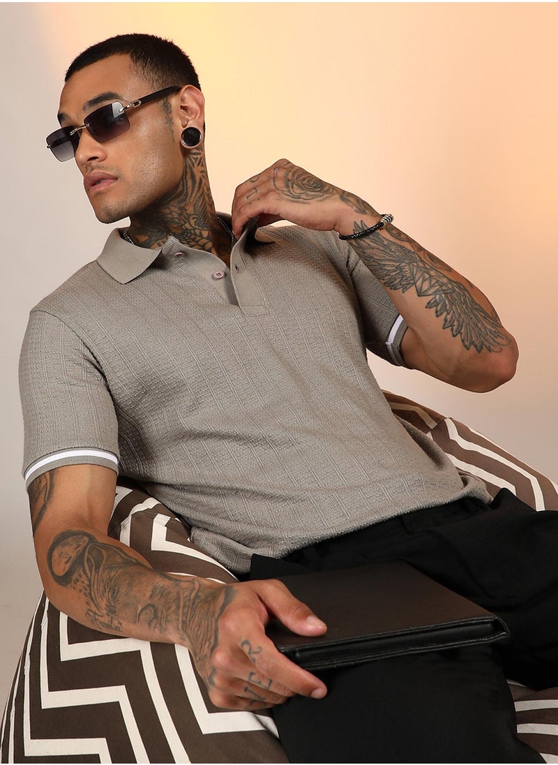 Campus Sutra Men's Cloud Grey Textured Polo T-Shirt  - Image 1