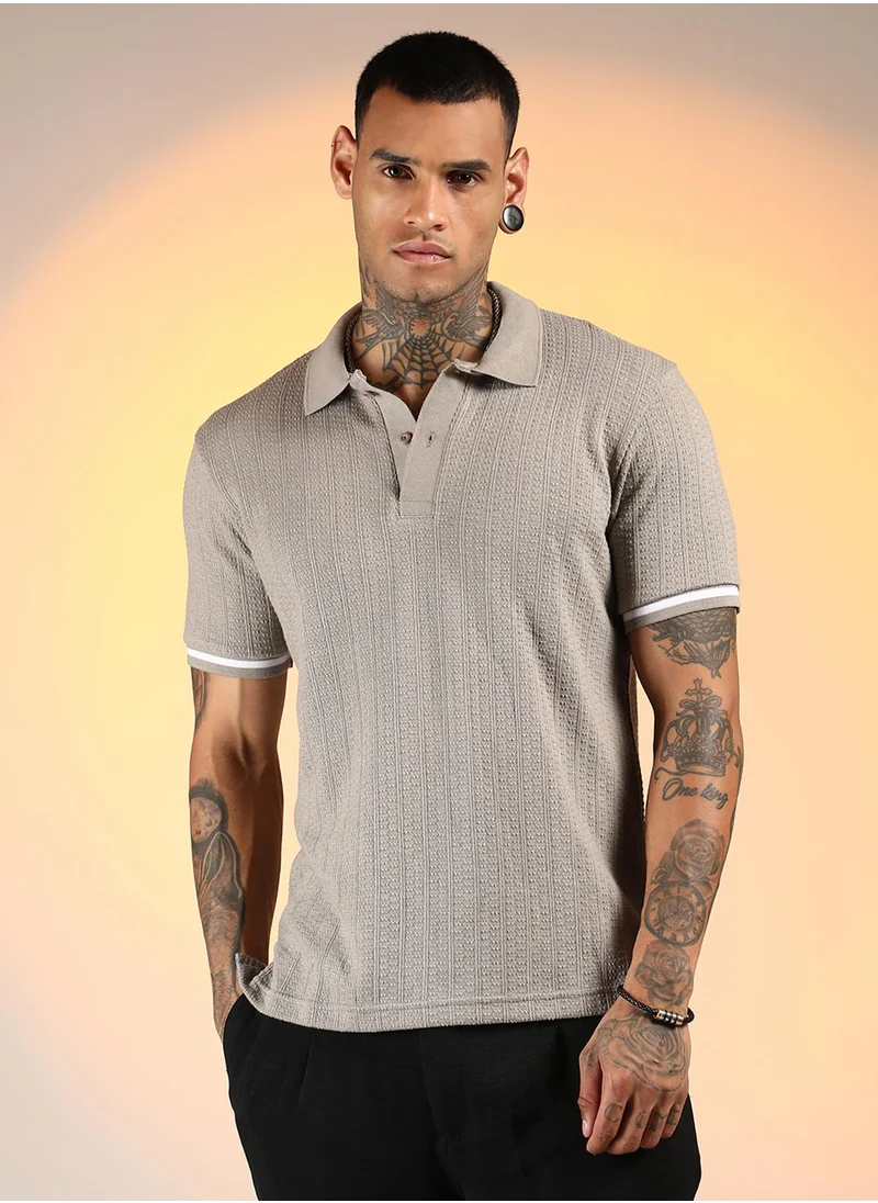 Campus Sutra Men's Cloud Grey Textured Polo T-Shirt
