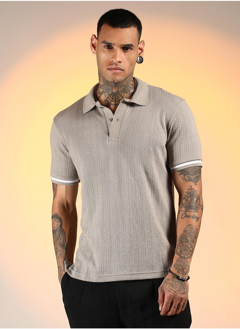 Campus Sutra Men's Cloud Grey Textured Polo T-Shirt  - Image 2