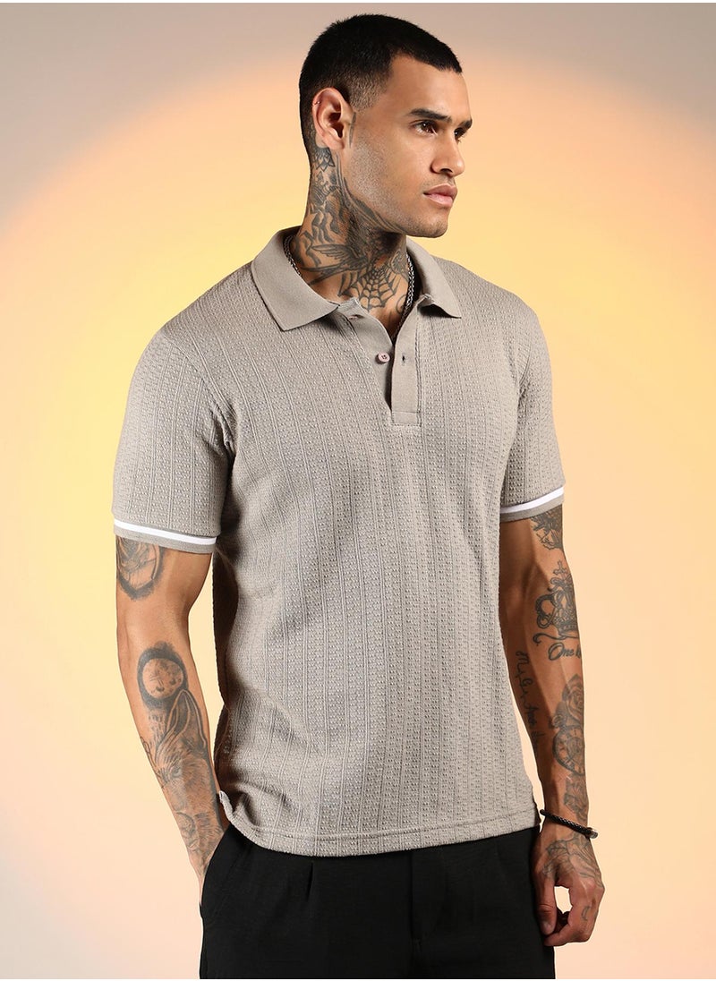 Campus Sutra Men's Cloud Grey Textured Polo T-Shirt  - Image 3