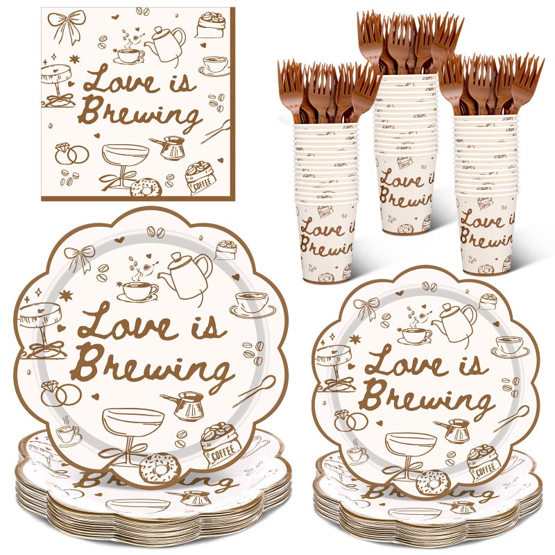 Zubebe 120 Pieces Love Is Brewing Bridal Shower Decorations Party Supplies Favors For 24 Guests  Paper Plates (7 And 9 Inch)  Cups  Forks  Paper Napkins  Disposable Dinnerware - Image 1