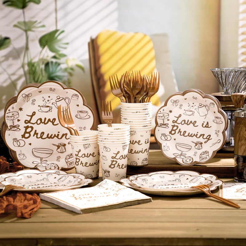 Zubebe 120 Pieces Love Is Brewing Bridal Shower Decorations Party Supplies Favors For 24 Guests  Paper Plates (7 And 9 Inch)  Cups  Forks  Paper Napkins  Disposable Dinnerware - Image 2