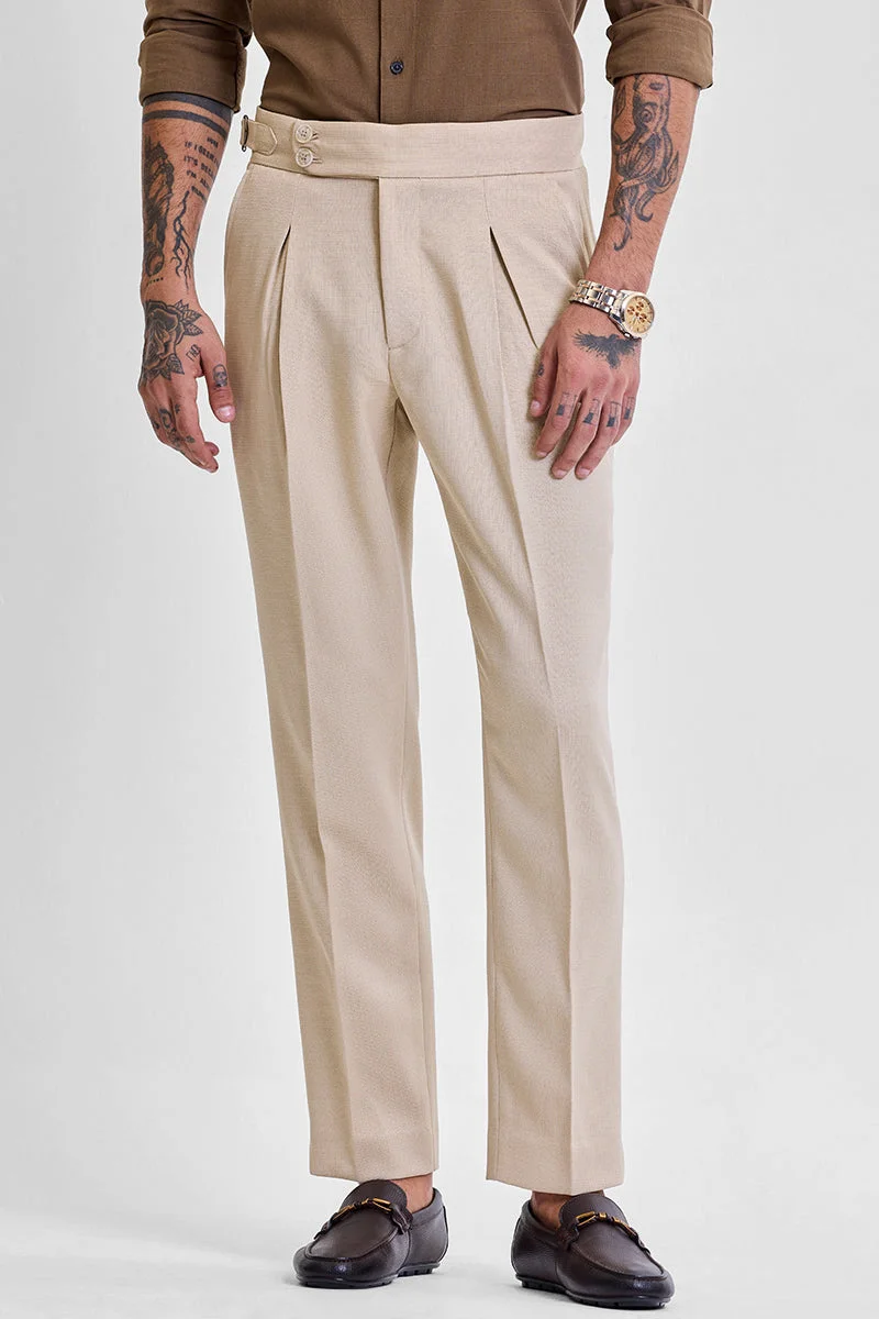 SNITCH Beige Solid Slim Fit Formal Trousers