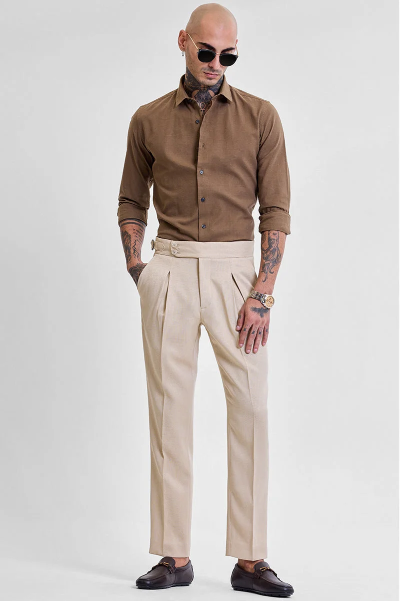 SNITCH Beige Solid Slim Fit Formal Trousers
