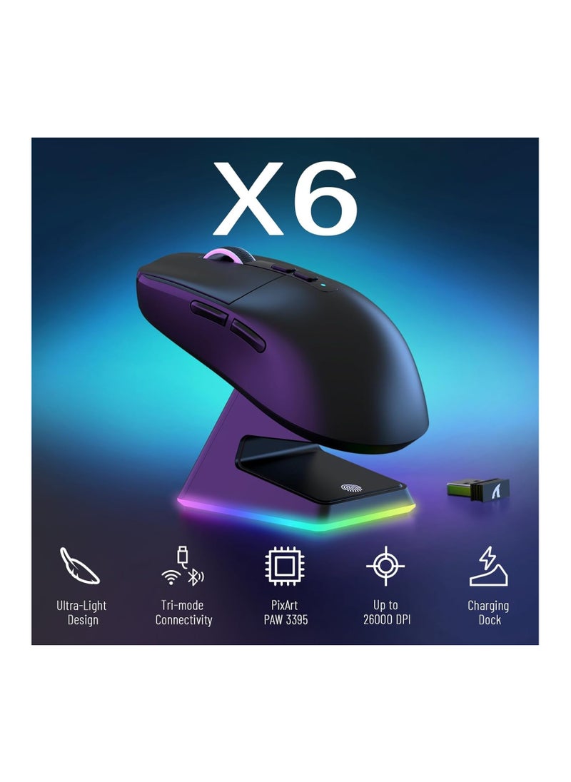 Attack Shark Attack Shark X6 Wireless Gaming Mouse RGB Magnetic Charging Dock,49g Ultralight X3 Upgrade,Tri-Mode 2.4GHz/BT5.2/USB-C,PAW3395 Sensor 26KDPI,G502 Programmable Mice for Win/Mac - Black  - Image 2