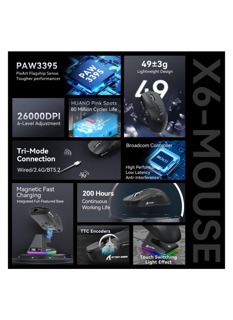 Attack Shark Attack Shark X6 Wireless Gaming Mouse RGB Magnetic Charging Dock,49g Ultralight X3 Upgrade,Tri-Mode 2.4GHz/BT5.2/USB-C,PAW3395 Sensor 26KDPI,G502 Programmable Mice for Win/Mac - Black  - Image 3