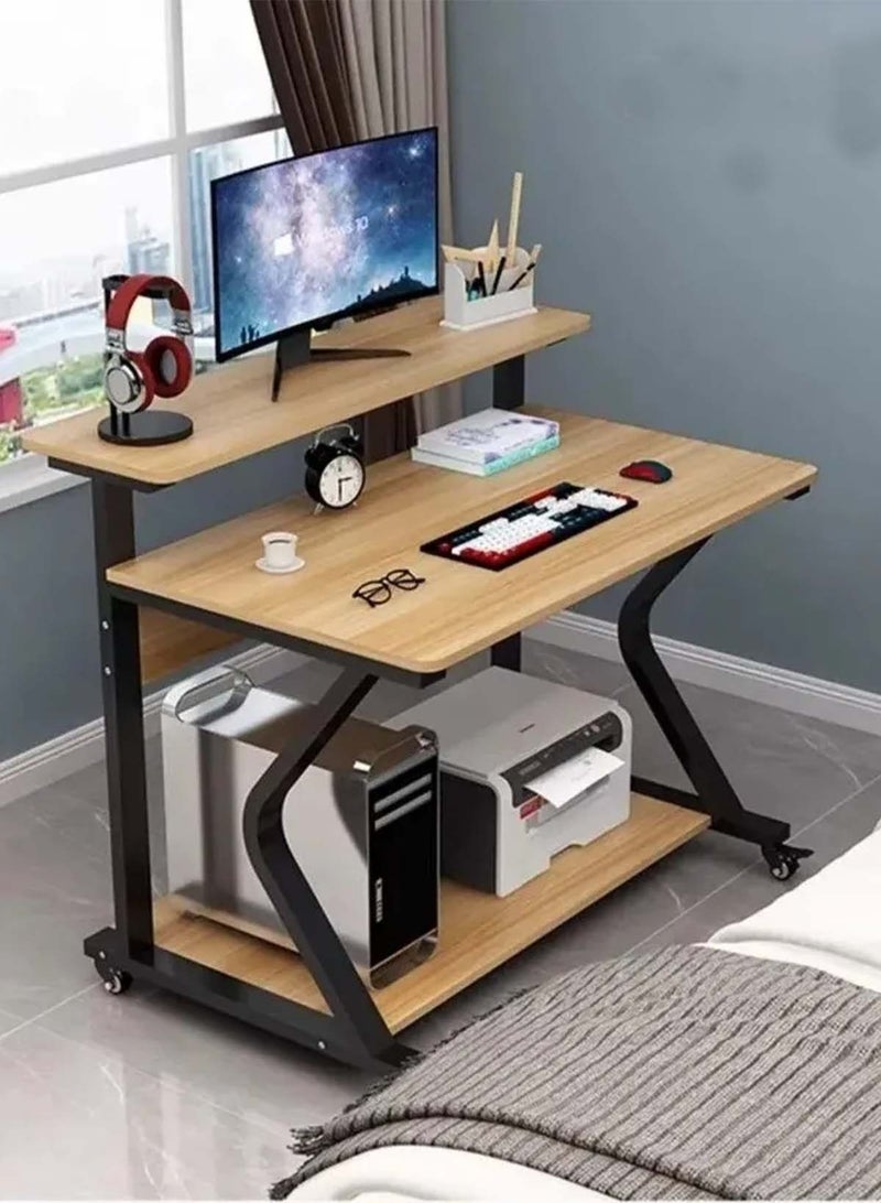 مكتب كمبيوتر مع رف للشاشة ووحدة تخزين، طاولة دراسة خشبية عصرية للمنزل والمكتب مع حامل وحدة المعالجة المركزية ورف للطابعة وعجلات، محطة عمل بإطار فولاذي متين لأجهزة الكمبيوتر المحمولة والمكتبية