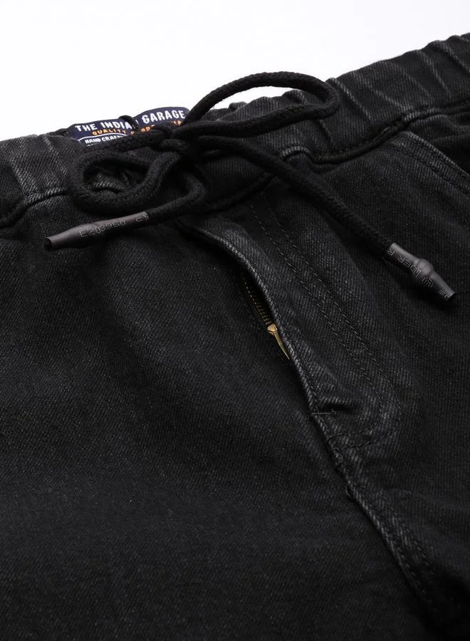 The Indian Garage Co Black Men Black Slim Fit Solid Denim Joggers for Men | Best Price UAE