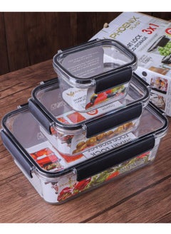 Phoenix Acrylic Refrigerator Food Container,Food Box Set Of 3Pieces With Airtight Lock - Clear Silicone Sides Black  - Image 2