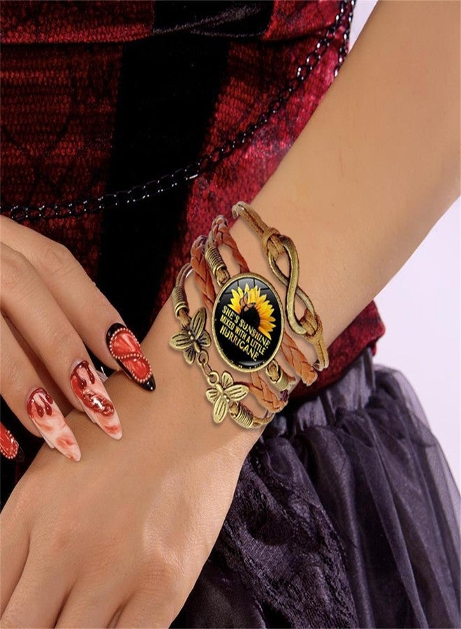 سوار RLHRNDE بوهيمي من الجلد مزين بزهرة عباد الشمس للنساء، مصنوع يدويًا، سوار صداقة "أنتِ شمسي"، سوار رعاة البقر الغربي، قابل للتعديل، مجوهرات منسوجة، هدايا (بني D) - Image 4