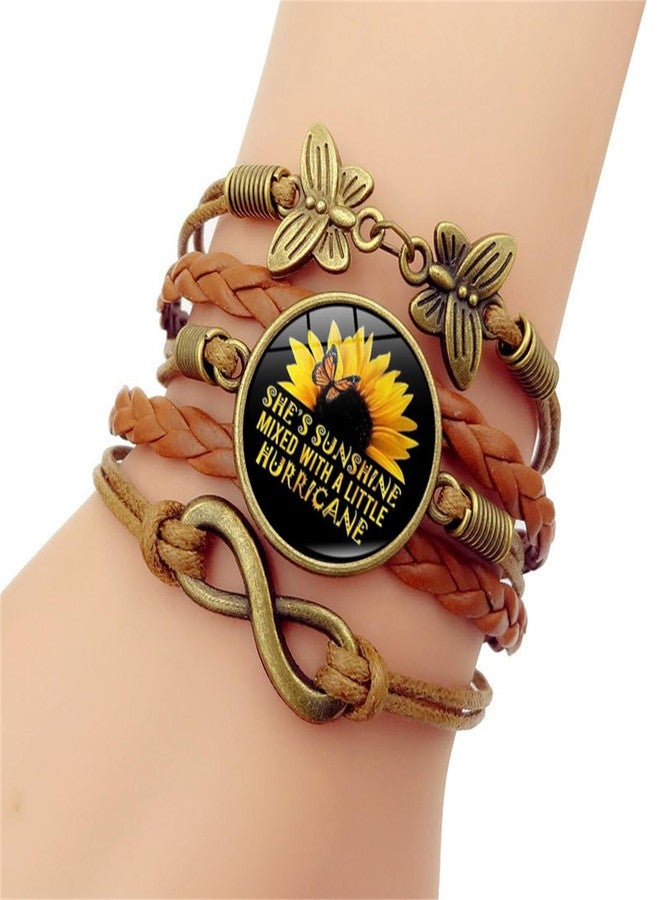سوار RLHRNDE بوهيمي من الجلد مزين بزهرة عباد الشمس للنساء، مصنوع يدويًا، سوار صداقة "أنتِ شمسي"، سوار رعاة البقر الغربي، قابل للتعديل، مجوهرات منسوجة، هدايا (بني D) - Image 2
