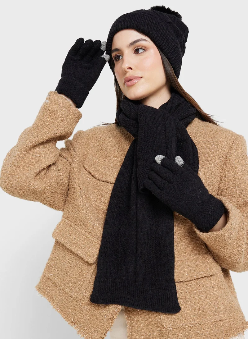 3 Pack Set With Winter Pompom Beanie ,Scarve & Glove Set