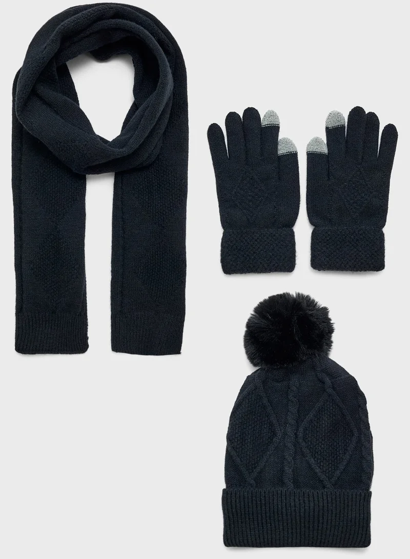 ELLA 3 Pack Set With Winter Pompom Beanie ,Scarve & Glove Set