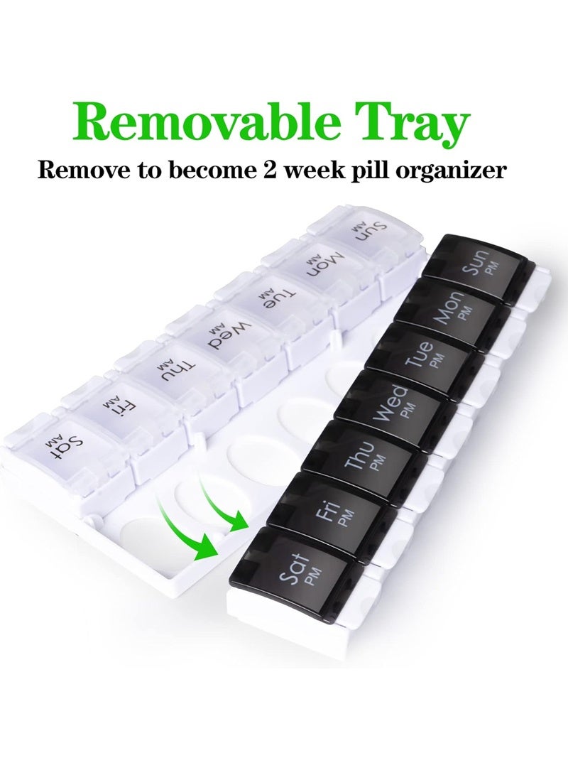 lebonaer Quick Fill AM PM Medicine Organizer, Travel Large Pill Organizer 7 Days 2 Times, Secure Weekly Pill Box Durable Printing, Spill Proof Daily Medicine Organizer Box Storage Container（Black&White） - Image 4