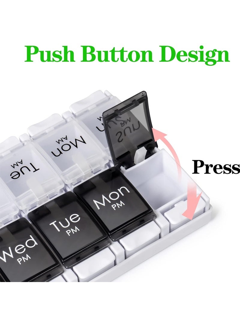 lebonaer Quick Fill AM PM Medicine Organizer, Travel Large Pill Organizer 7 Days 2 Times, Secure Weekly Pill Box Durable Printing, Spill Proof Daily Medicine Organizer Box Storage Container（Black&White） - Image 3