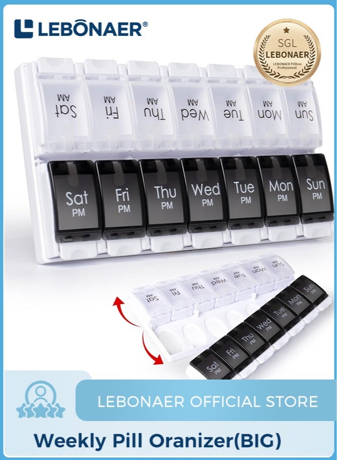 lebonaer Quick Fill AM PM Medicine Organizer, Travel Large Pill Organizer 7 Days 2 Times, Secure Weekly Pill Box Durable Printing, Spill Proof Daily Medicine Organizer Box Storage Container（Black&White） - Image 1
