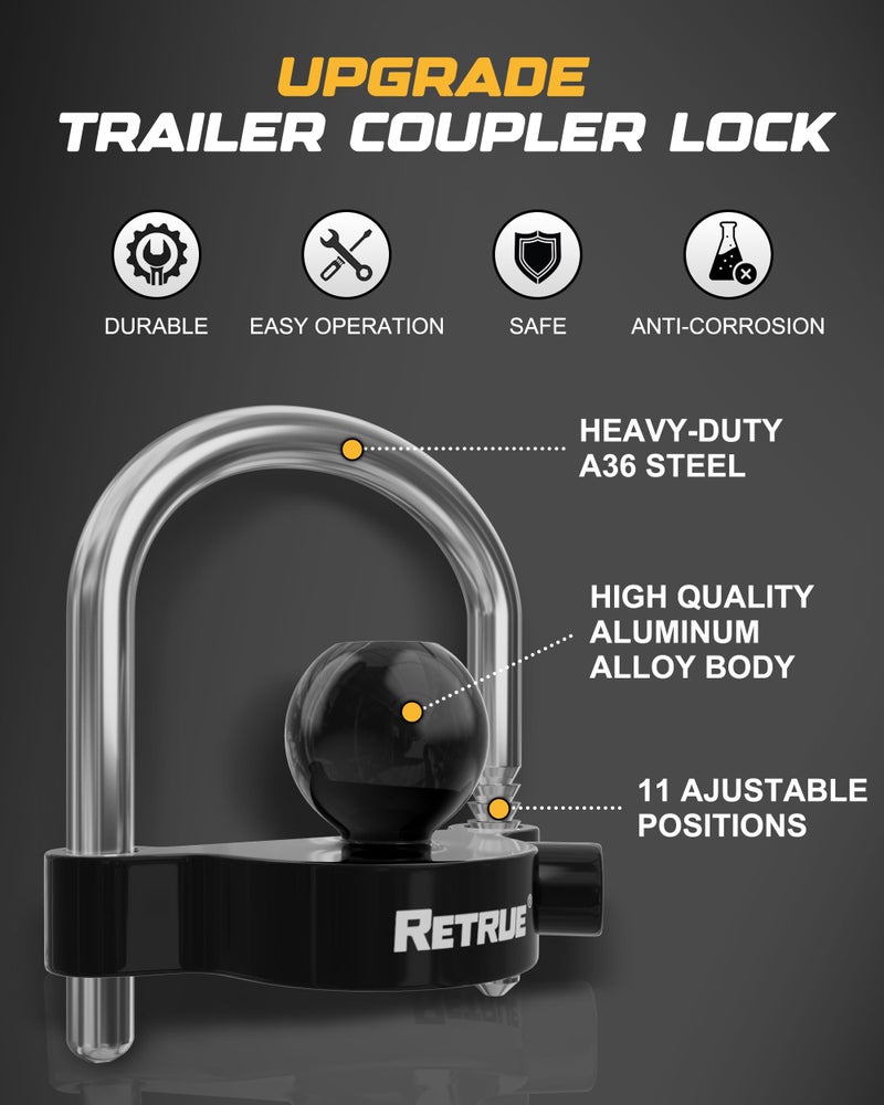 RETRUE Universal Coupler Lock Trailer Locks Ball Hitch Trailer Hitch Lock Adjustable Security Heavy-Duty Steel fits 1-7/8 Inch, 2 Inch, 2-5/16 Inch Couplers, Black - Image 4