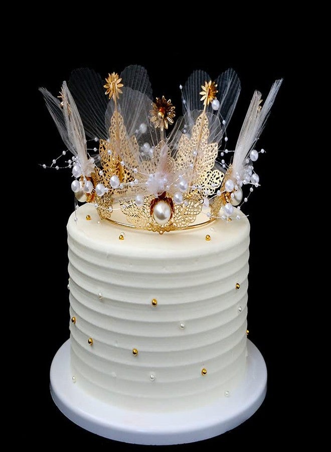 winvin Flowers Mesh Pearls Crown Cake Topper For Weddings, Parties, Costume, Cosplay, Photography Prop - Image 1