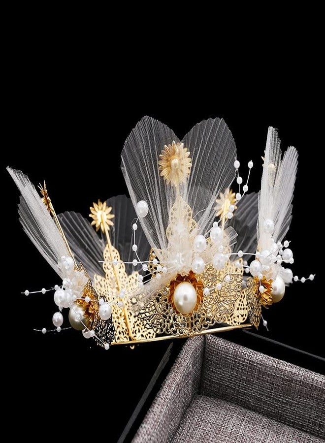 winvin Flowers Mesh Pearls Crown Cake Topper For Weddings, Parties, Costume, Cosplay, Photography Prop - Image 3