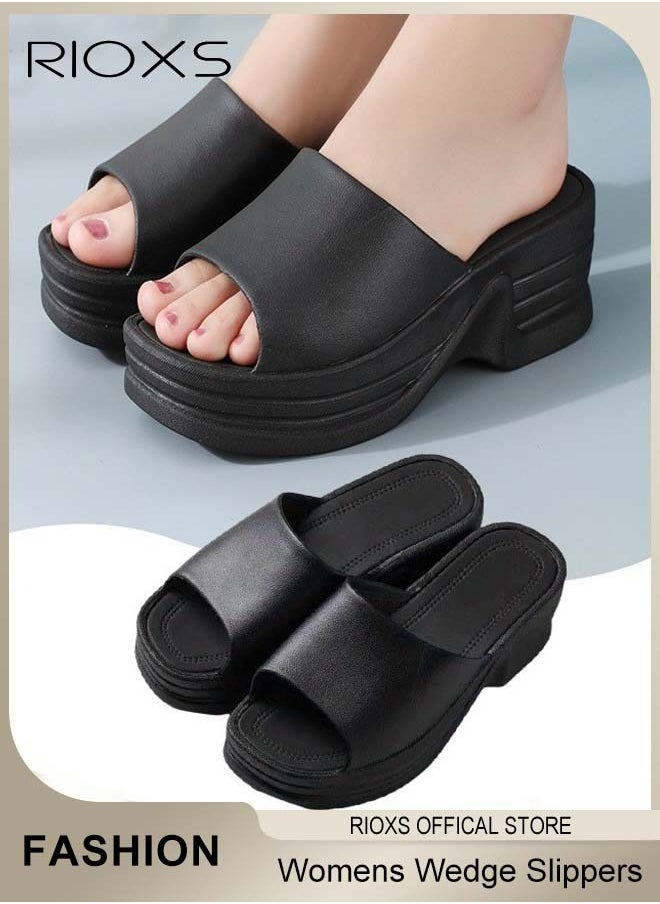 RIOXS Women's Wedge Sandals, Platform Slide On Sandal Slippers For Women, Casual Anti-Slip Thick Sole Sandals, One Band Slide Wedge Shoes, Slip-On Flip Flops, Light-Weight Sandals For Indoor Or Outdoor Use  - Image 1