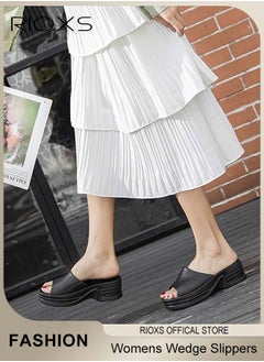 RIOXS Women's Wedge Sandals, Platform Slide On Sandal Slippers For Women, Casual Anti-Slip Thick Sole Sandals, One Band Slide Wedge Shoes, Slip-On Flip Flops, Light-Weight Sandals For Indoor Or Outdoor Use  - Image 2