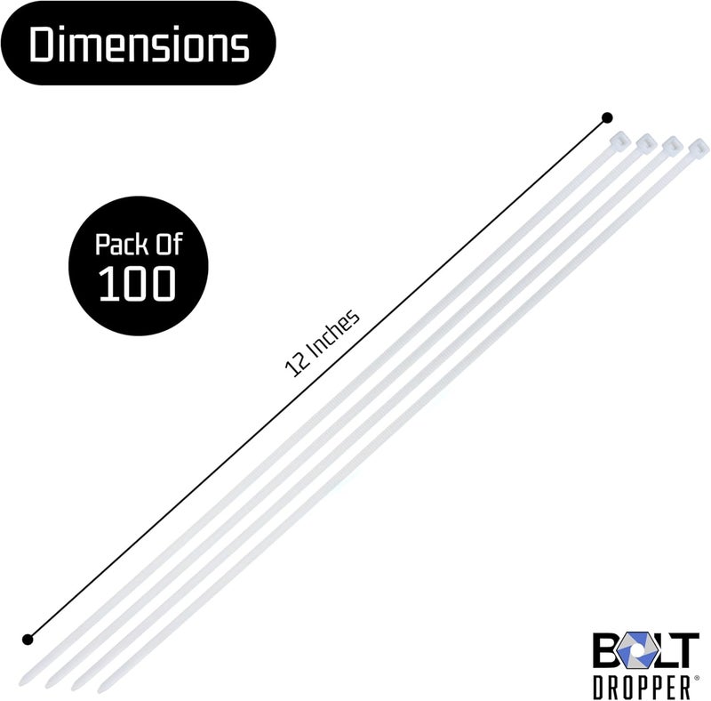 Bolt Dropper Zip Ties, 100 Pack - 12'' Heavy Duty, 40lbs Tensile Strength, Nylon, White - Cable Wire Ties for Indoor and Outdoor Use - Image 3