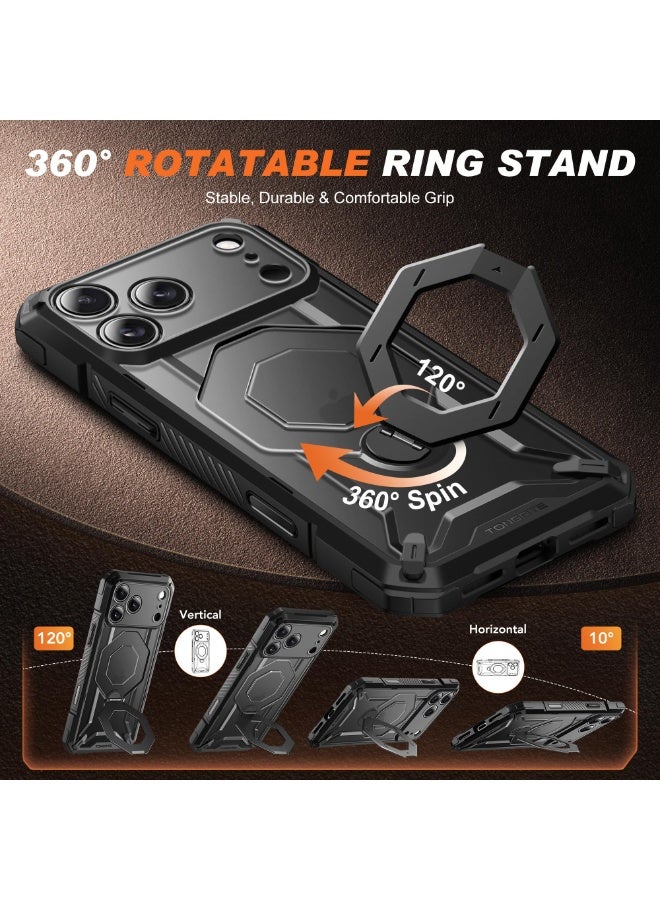 تونجيت غطاء لهاتف آيفون 17 برو مزود بحامل مغناطيسي دوّار 360°، [متوافق مع ماج سيف][حماية بمعايير عسكرية] مع واقي شاشة للخصوصية وغطاء حماية الكاميرا لهاتف آيفون 17 برو، باللون الأسود - Image 4